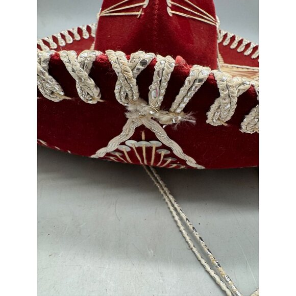 piggalle salazar Red Velvet Sombrero hat Intricate White Embroidery Tassel XL - Picture 3 of 13